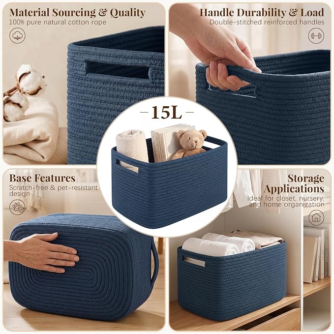 OIASKET 4Packs Natural Cotton Rope Storage Baskets for Organizing Toys, Clothes, Towels & Books, Soft Versatile Organizers for Shelves, Home Decorative Bins, 13''Lx9''Wx7.8''H, Blue - Image 3