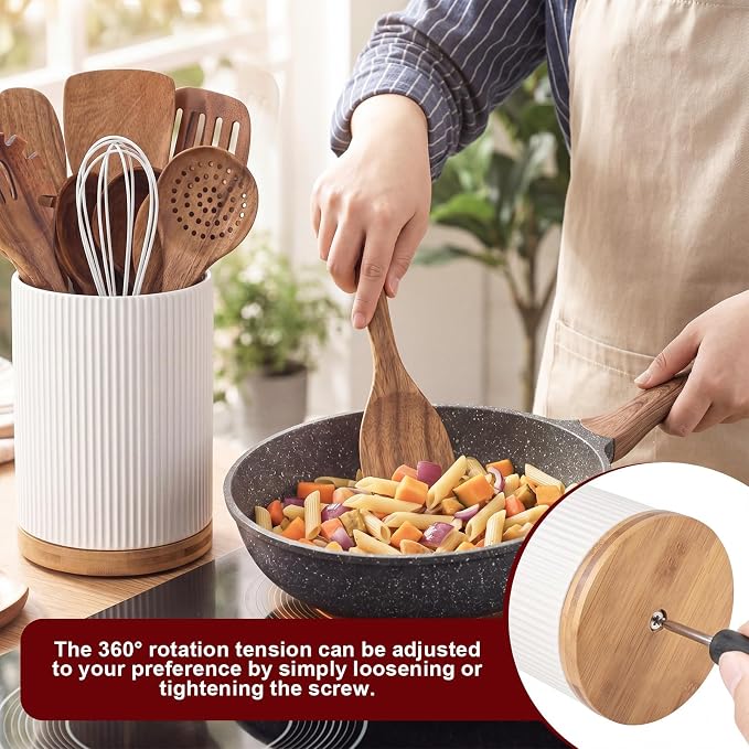 SiliFine 11 Pcs White Wooden Kitchen Utensils Set with 360° Ceramics Rotating Holder Acacia Wood Cooking Utensils with Cooking Spoons Spatulas Nonstick Cookware Countertop(White) - Image 5