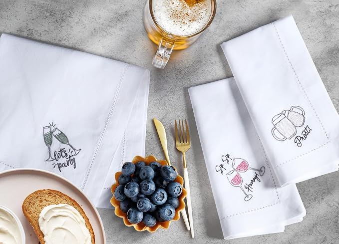 Bedding Craft Cotton Cloth Dinner Napkins Set of 12 – 18x18 Embroidered Motif with Decorative Hemstitch – Machine Washable Fabric Napkins for Weddings, Baby Showers, Christmas & Parties - Image 4