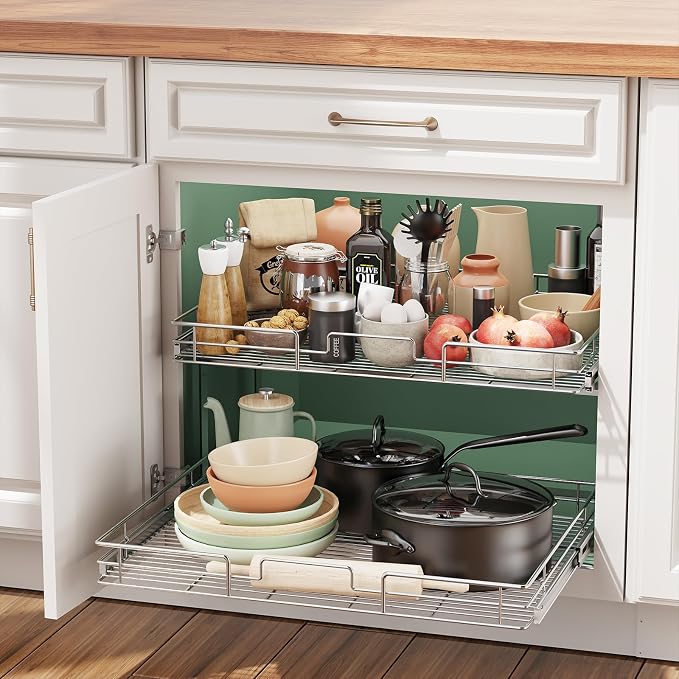 LOVMOR 2 Tier 28½"W x 21½"D, Individual Pull Organizer Kitchen Cabinet Storage Sliding Shelves - Image 5
