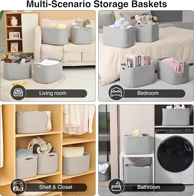 ICERZCZ Storage Baskets for Organizing & Shelves, Woven Cotton Rope Organization Bins for Dog Toys, Clothes, Books, Nursery Organizer, 15"Lx11"Wx9.5"H, (4 Packs) Grey - Image 5