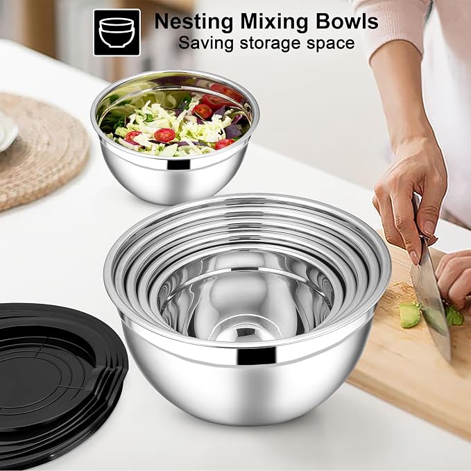 E-far Mixing Bowls with Lids Set, 21PCS Stainless Steel Salad Mixing Bowls with 3 Grater Attachments, Size 7, 4.6, 3.5, 2.6, 2, 1.5, 1QT, Nesting Design & Black Airtight Lid, For Baking/Prepping - Image 4