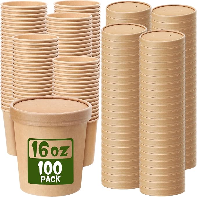 Fulmoon 100 Pack Paper Soup Containers with Lids Disposable Paper Food Containers with Vented Lid Kraft Ice Cream Cake Dessert Cups Soup Bowl for Party Hot Food Fruit Microwave(16 oz,Brown) by Fulmoon