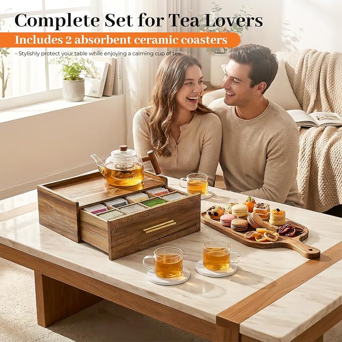 Acacia Wood Tea Bag Organizer with Storage Drawer | 8 Compartments Tea Caddy with Pattern Carving & 2 Ceramic Absorbent Coasters | Wooden Teabag Holder Tea Organizers for Countertop (Acacia) - Image 2