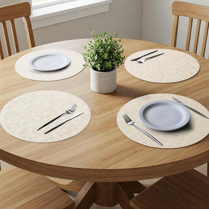 Jovono Upgraded 15" Round Placemats Set of 8, Waterproof & Oil-Proof, Non-Slip Reversible Washable Big Table Mats, Spill-Proof for Kids Families, Restaurant, Hotel, Kitchen, Indoor, Beige - Image 3
