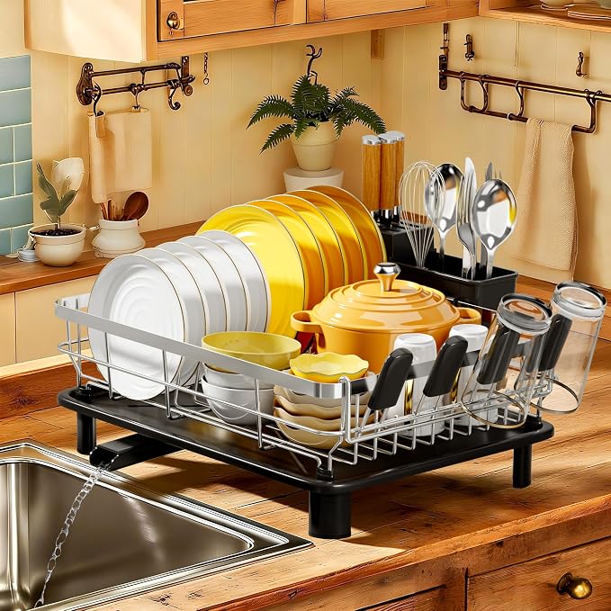 MOUKABAL Stainless Steel Dish Drying Rack for Kitchen Counter, Black Silver | 13×17 Large Capacity/Drainboard with Rotating Spout/Removable Cup & Utensil Holders/Fast Drainage/Countertop Dish Drainer by MOUKABALGREATHELPER