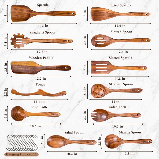 12 Pcs Teak Wooden Utensils Set, Wooden Cooking Utensil with Tong | Non-Toxic & Nonstick Safe Kitchen Utensil, Durable Comfort Grip， Heat Resistant Wood Cookware with Hooks - Image 4