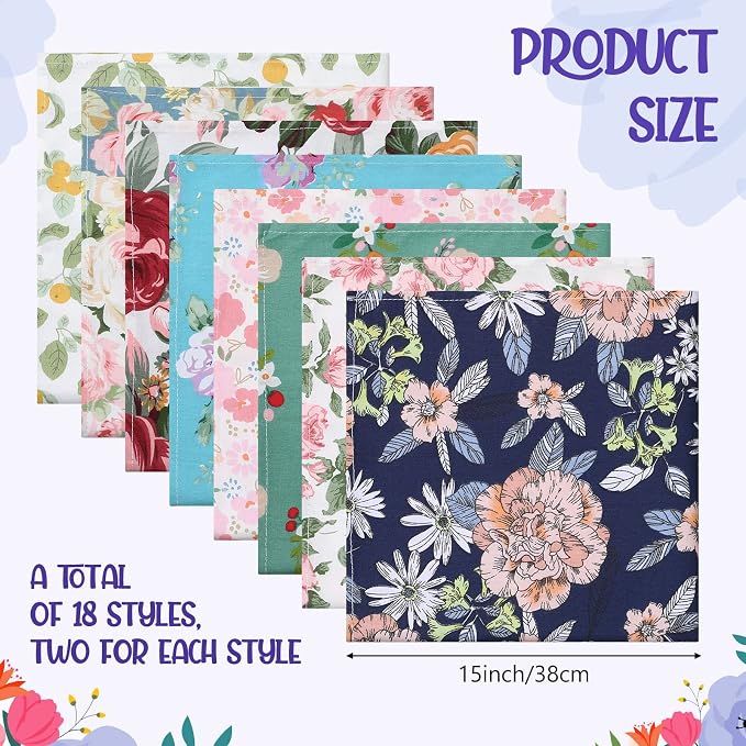 Moukeren Floral Cotton Cloth Napkins Set of 36, 15 x 15 Inch Flower Dinner Napkins Reusable Washable Decorative Table Flower Printed Home Decor for Kitchen Lunch Wedding Party Decor - Image 2