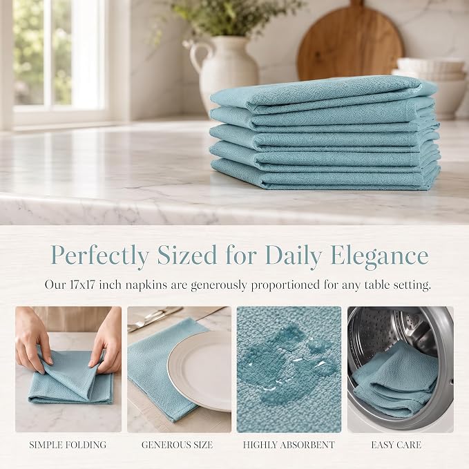 17x17 Solid Blue Linen Napkins Set of 12 Washable Party Decor | Hosting a summer party? This set of 12 washable blue linen napkins provides a refreshing, eco-friendly table setting. - Image 6