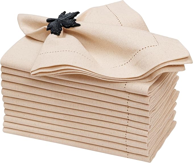 ALPHA Living HOME Linen Cloth Napkins Set of 12-18x18 Natural Flax Cotton Fabric, Hemstitched Mitered Corners, Reusable & Machine Washable Dinner Napkins for Wedding, Cocktail & Party Table by ALPHALivingHOME