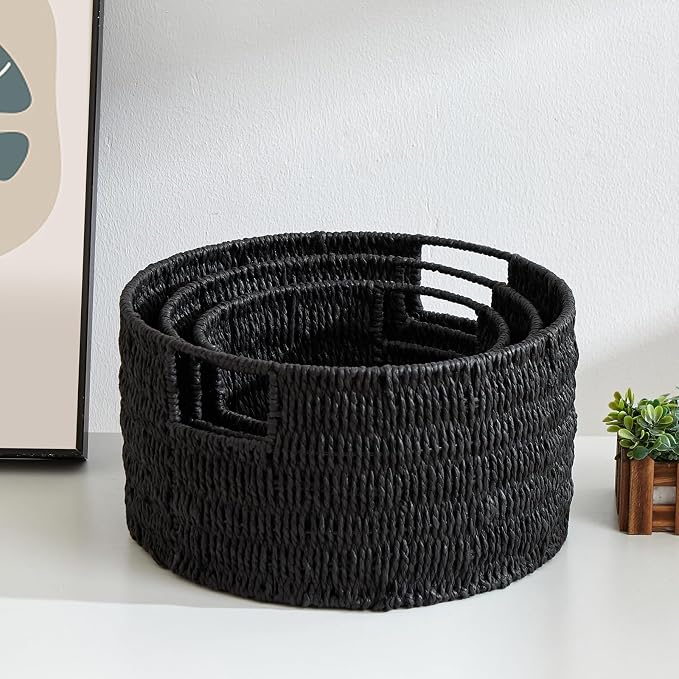Wicker Storage Basket, Hand-Woven Paper Rope Large Round Woven Basket With Handles, Wicker Baskets for Organizing/Storage, Black, 3-Pack - Image 7