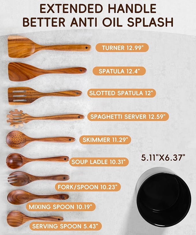 Wooden Cooking Utensils Set with Ceramic Holder,10pcs Teak Wood Utensils | Holder for Countertop with Protection Cork Bottom, Nonstick Spoons, Cooking Spatula Set, Kitchen Decor, (Black) - Image 4