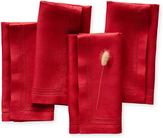 Red Linen Napkins 20 x 20 inch - 100% Linen Double Hemstitch Dinner Napkins Set of 4 - Cloth Napkins Washable Perfect for Summer, Father's Day, 4th of July by OlucioAuthentiqueHome