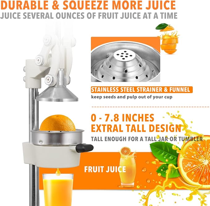 19 Inch Height Extra Tall Commercial Heavy Duty Cast Iron Hand Press Manual Orange Citrus Lemon Lime Grapefruit Pomegranate Fruit Juice Squeezer Machine with Stainless Steel Cup White - Image 5