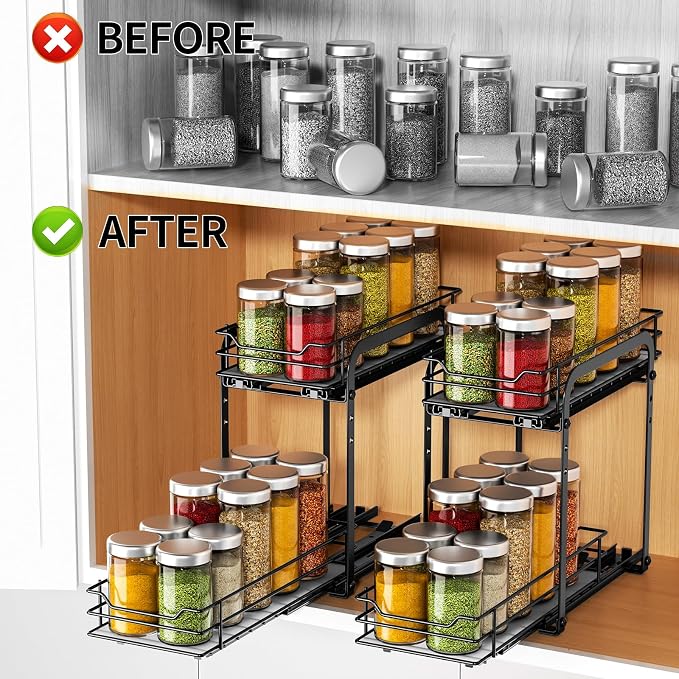 RCHYFEED 2 Tier Pull Out Spice Rack for Inside Cabinets,5.5" Wx10.5 Dx9.5 H | Height Adjustable Spice Cabinet Organizer Heavy Duty Metal Pull Out Spice Rack Vertical Spice Shelf for Cabinets & Pantry - Image 2