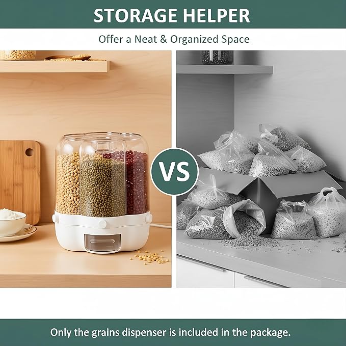 360° Rotating Grain Dispenser with 6 Grids, 27lbs Large Capacity Grain Dispenser Rotating Kitchen Storage Containers With Sealed Lid for Cereals, Oatmeal and Candy - Image 6