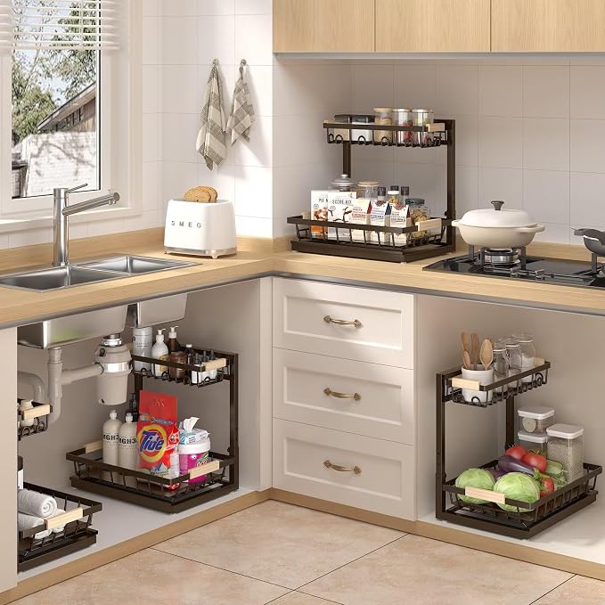 2-Pack 2-Tier Height Adjustable Under Sink Organizer & Storage | Multi-purpose storage for kitchen & bathroom cabinet. Extra Large brown shelf, height adjustable design for space-saving. - Image 6