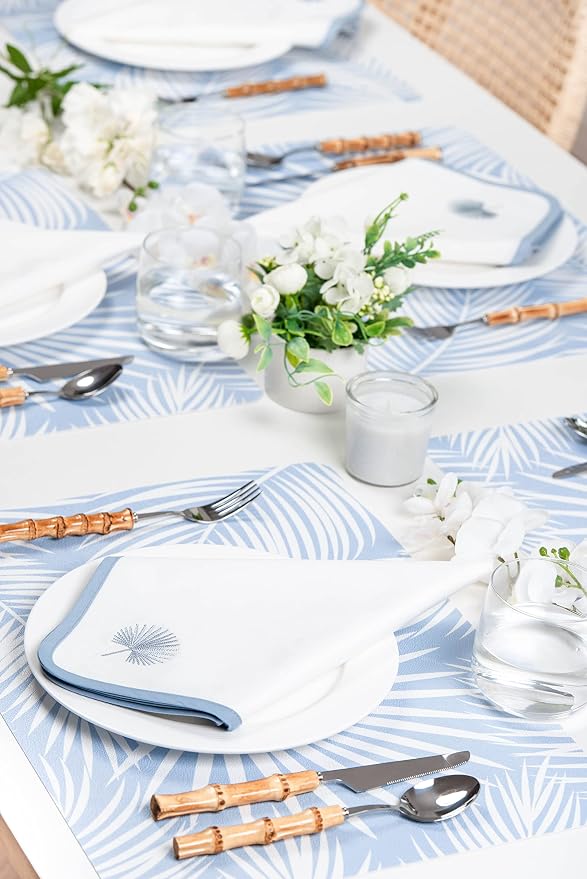 Hofdeco Premium Coastal Cotton Cloth Napkins Set of 4, 20"x20" Washable Dinner for Beach House Decor, Subtle Blue Embroidered Palm Leaf - Image 2