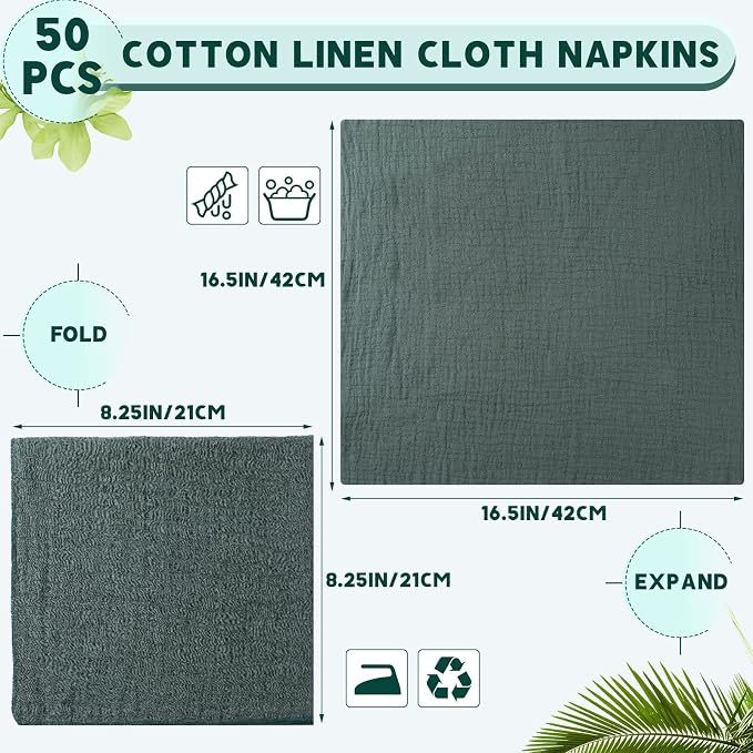 50 Pcs Sage Green Cloth Linen Napkins Cotton Linen Dinner Napkins Solid Color Reusable Table Dinner Napkins for Hotel, Lunch, Restaurant, Weddings Engagement Party Guests Family, 16.5 x 16.5'' - Image 2