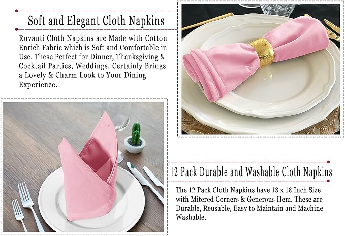 Ruvanti Cloth Napkins Set of 12, 18x18 Inches Napkins Cloth Washable, Soft, Durable, Absorbent, Cotton Blend. Table Dinner Napkins Cloth for Hotel, Christmas, Dinner, Parties - Pink - Image 6