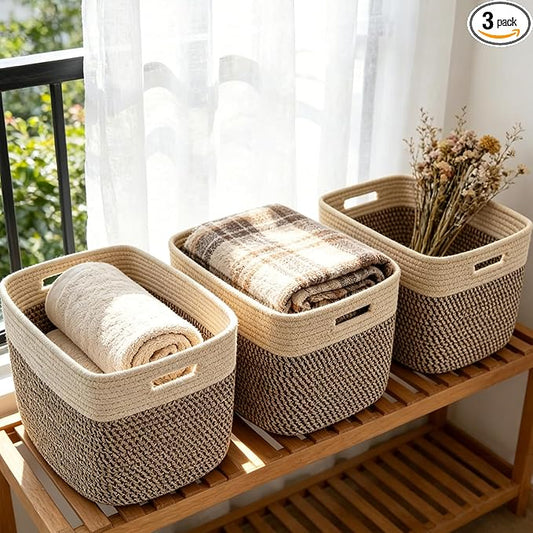 3 Pack Woven Baskets,Storage Baskets for Shelves with Handles | 13.5"×11"×9.5", Closet Baskets, Nursery Organizer for Toys Towels Books, Storage Bin for Living Room Bedroom (Jute & Black) by HZFTJOY