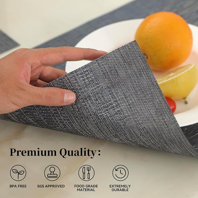 Leetaltree Denim Blue Placemats Set of 8 - Heat Resistant Non-Slip Place mats for Dining Table, Washable Durable PVC Vinyl Woven Table Mats（Denim Blue, 8） - Image 2