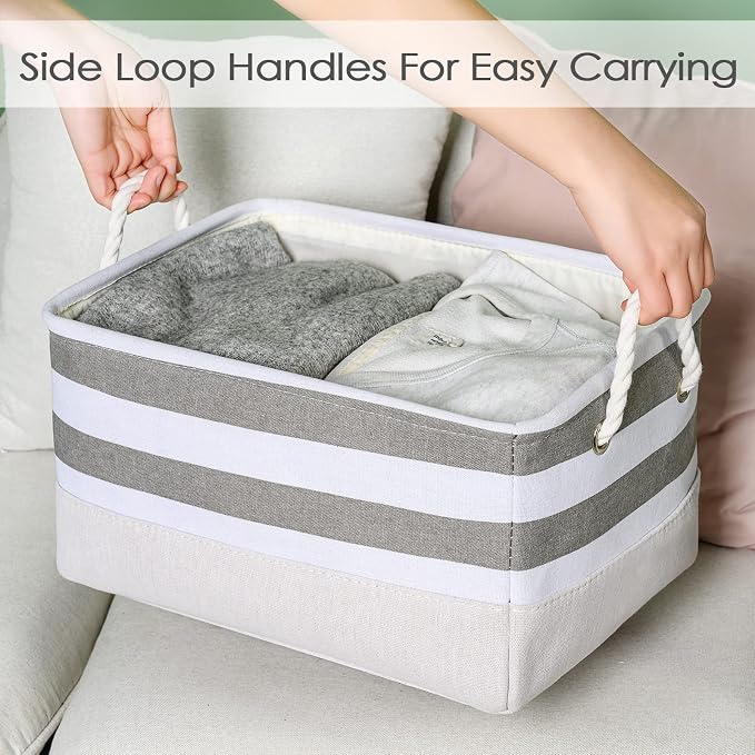 Storage Basket Fabric Basket with Handles Dog Toy Basket Cloth Storage Bin Shelf Basket Decorative Storage Basket Shoe Basket Gift Basket(Grey&White Stripes-1 Pack,15.7L×11.8W×8.3H) - Image 6