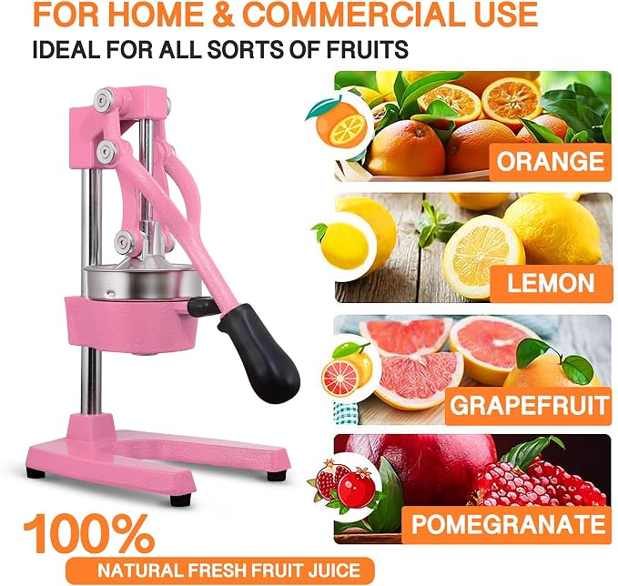 Commercial Heavy Duty Cast Iron Hand Press Manual Orange Citrus Lemon Lime Grapefruit Pomegranate Fruit Juice Squeezer Machine with Stainless Steel Cup Pink - Image 4