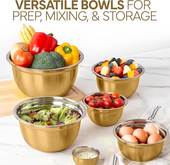 COOK WITH COLOR 18 Piece Mixing Bowls Set with Airtight Lids, Stainless Steel Bowl Organizers, Food Storage Containers, Meal Prep, Nesting Salad Bowls For Cooking, Baking, Kitchen Use, Gold - Image 6