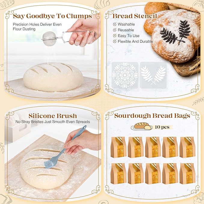 Sourdough Starter Kit, Sourdough Bread Baking Supplies, Bread Proofing Basket, Sourdough Kit for Modern Home and Kitchen, Sourdough Bread Basket, Sour Dough Kit Tools, Bread Making Tools Kit | Gray, 9" Round & 10" Oval Baskets, Sourdough Bread Baking S... - Image 4