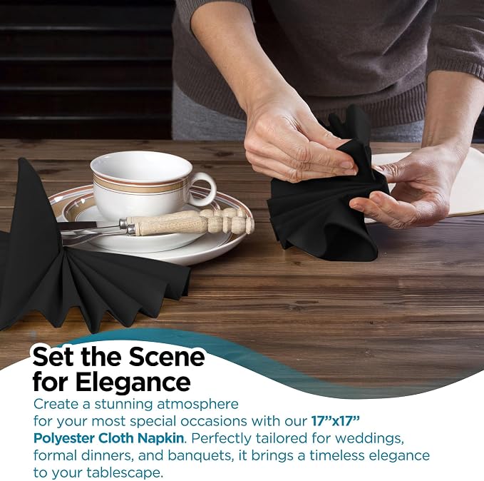 250 pcs Black 17"x17" Polyester Cloth Napkins | Premium, soft, & durable square linen napkins, perfect for weddings, dining, restaurants, & parties. Washable. - Image 5