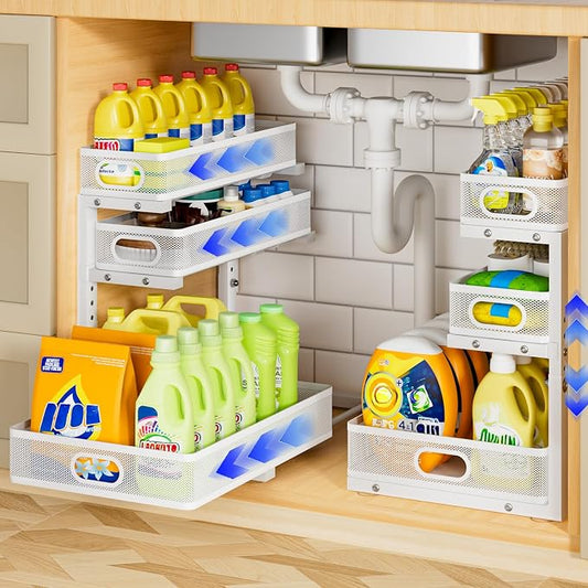 Under Sink Organizer 3 Tier, 2 Pack L-Shaped Pull-Out Cabinet Organizer with Sliding Metal Mesh Drawers, Height Adjustable Under Sink Storage Rack for Kitchen Bathroom Cabinet, White by AURIKAR
