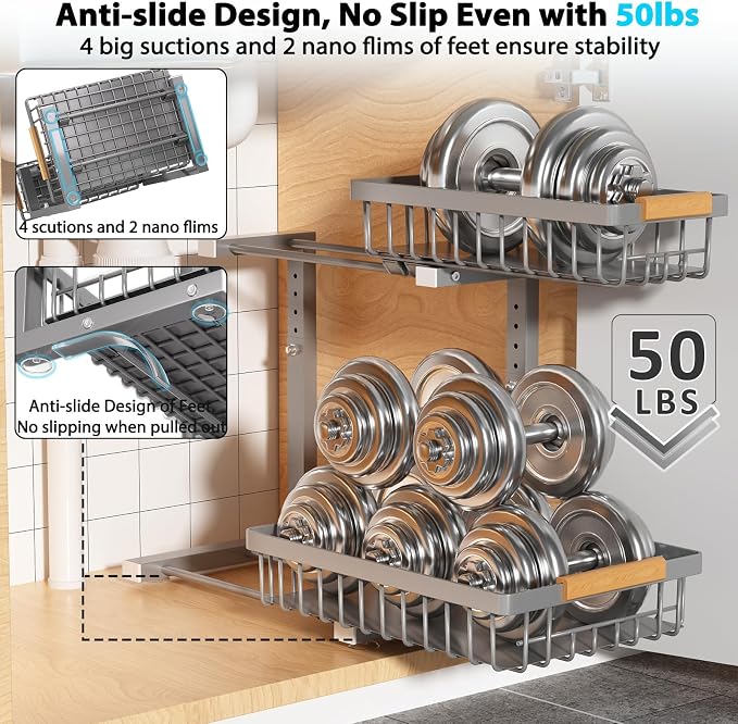 Liuoud Under Sink Organizer 2 Pack, 2 Tier Slide Out Large Capacity Height Adjustable Under Sink Organizers and Storage for Kitchen Bathroom Cabinet, Grey - Image 3