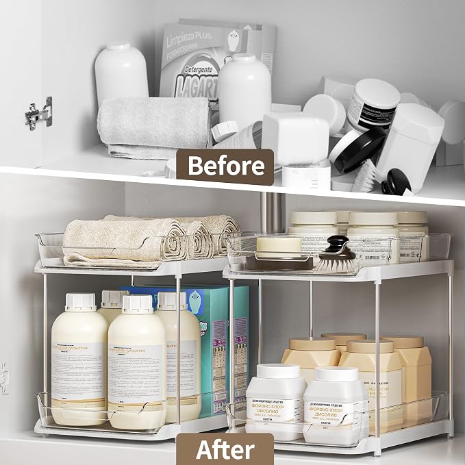 Delamu 2-Tier Multi-Purpose Bathroom Under Sink Organizers and Storage, Stackable Kitchen Pantry Organization, Pull Out Medicine Cabinet Organizer with Movable Dividers, White, 1 Pack - Image 6