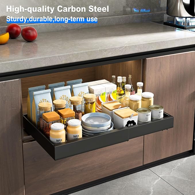 Mustorn 2 Pack Pull Out Cabinet Organizer, Expandable Slide Out Drawers for Kitchen Cabinets Peel and Stick Pullout Drawer Heavy Duty Sliding Shelves for Cupboard, Pantry, Bathroom(16.5" Deep, Black) - Image 7