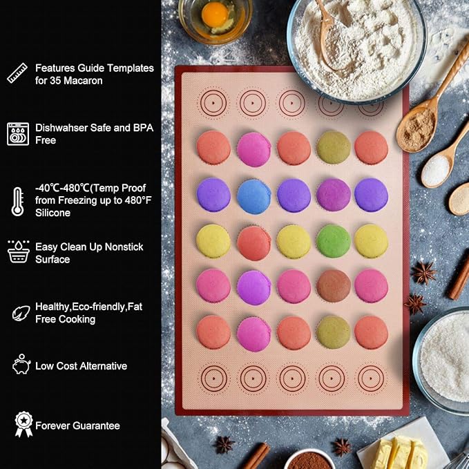 Angadona Macaron Silicone Baking Mats Kit (16pcs set) Macaroon Baking Mat Set of 2 Half Sheet Macaron Silicone Mat Nonstick Macaron Mat Sheet,6 Piping Tip,2 Piping Bag with 3 Bag Tie,2 coupler - Image 2