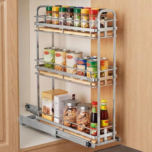 VEVOR Pull Out Spice Rack Organizer for Cabinet, 3 Tier Slide Out Spice Rack Organizer, Height Adjustable Heavy Duty Metal Seasoning Kitchen Basket for Cabinets, 5.75" W x 20.98" D x 21.34" H, Silver by VEVOR