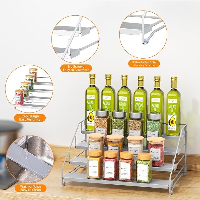 2 Pack Spice Rack Organizer for Cabinet, Depth Adjustable 4 Tier Spice Rack | Silver, Metal Spice Organization for Cabinet, Easy Visibility, Tiered Spice Rack Perfect for Cabinet, Pantry and Countertop - Image 5