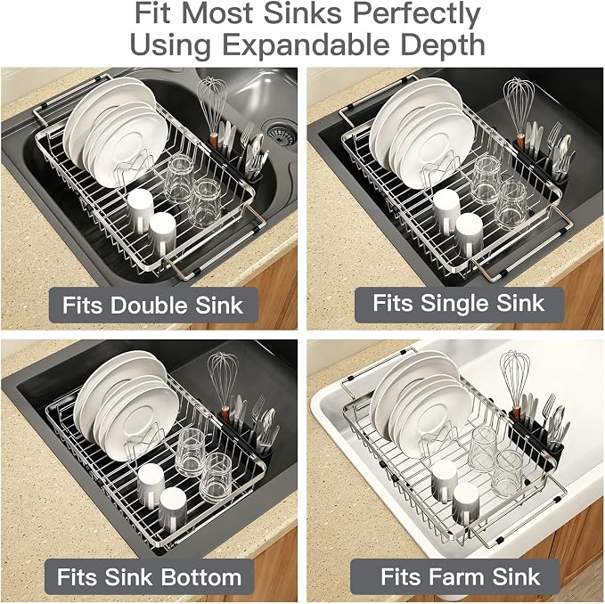 Dish Drying Rack Over The Sink with Utensil Holder, Mat | Expandable Stainless Steel Dish Drainer for Small Kitchen, Apartment, RV, Counter Space Saving, Perfect Fit, Rustproof - Image 5