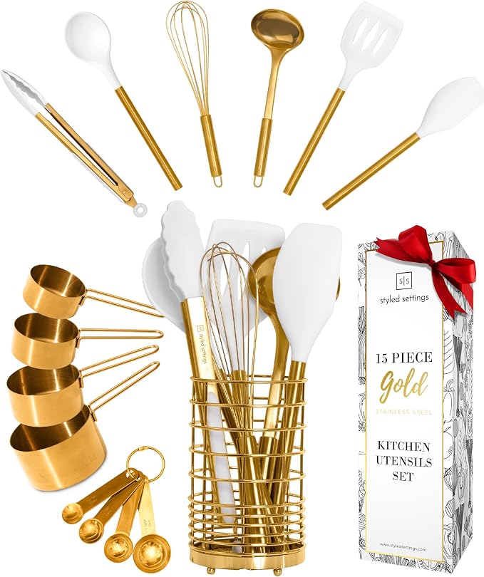 Styled Settings White and Gold Kitchen Utensils Set with Holder, 15-Piece | Nonstick BPA-Free Silicone Cooking Utensils with Measuring Cups and Spoons - Luxury Kitchen Accessories for Stylish Cooking by STYLEDSETTINGS