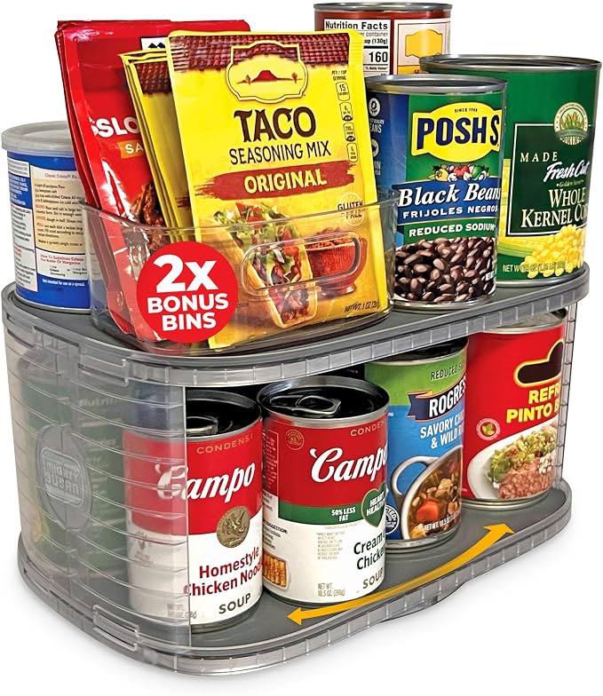 2-Tier Lazy Susan Pantry Organizer – Steel Reinforced Turntable for Kitchen Cabinets & Pantry Storage – Heavy-Duty Can Organizer Holds Up to 30 lbs – Rotates 360° – Includes 2 Bonus Bins by InspiredProducts