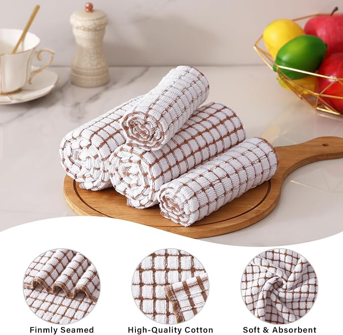 Kitinjoy Cotton 12 Pack Kitchen Towels and Dishcloths Sets, Brown | 16 x 25 Inch & 12 X 12 Inch Dish Towels Bulk, Super Soft and Absorbent hand towels for kitchen Drying - Image 2