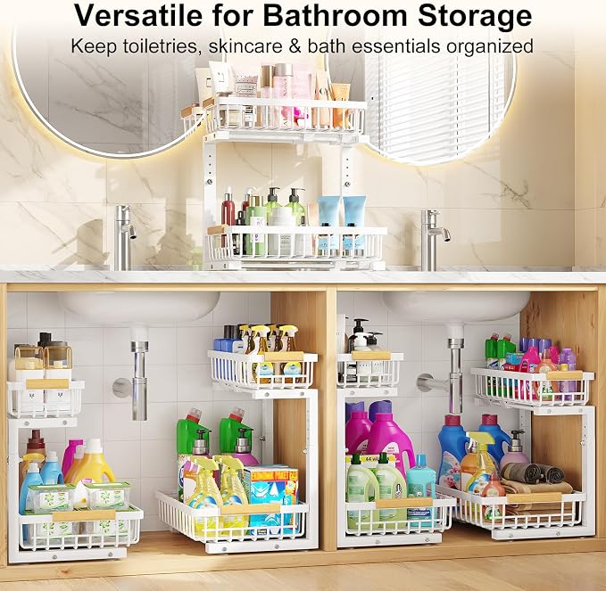 2 Pack Under Sink Organizer, Pull Out Cabinet Organizers, Adjustable Height 2-Tier Metal Slide Out Shelf for Bathroom Under Counter Storage, Kitchen Pantry Laundry Organization Rack, White - Image 9