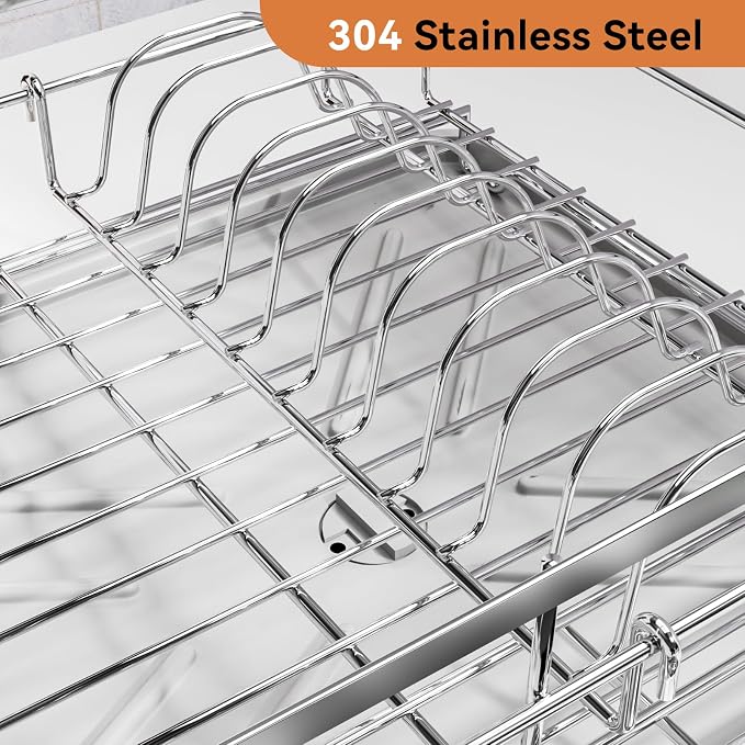 Laveshop Dish Drying Rack, 304 Stainless Steel Expandable Dish Drainer for Kitchen Counter, Space-Saving with Utensil Holder, Gray - Image 2