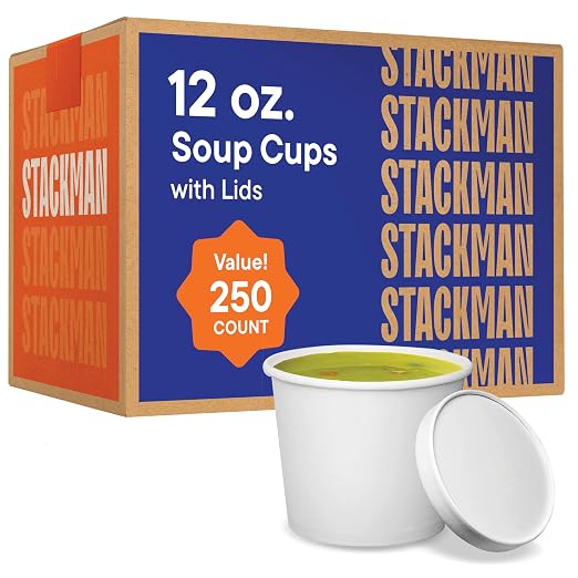 [12 oz. - 250 Sets] Paper Food Container with Lid, Insulated Food Cups with Vented Lids - Hot or Cold To Go Soup Cup, for Soups, Ice Cream and Yogurt - Eco-Friendly - White by StackMan