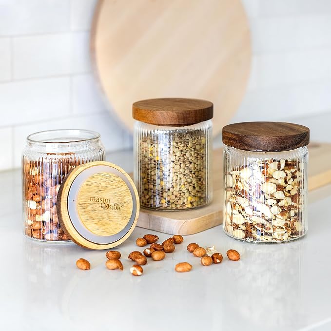 Mason & Fable Ribbed Glass Jar with Wooden Lid 17oz, Set of 3 | Airtight Fluted Storage Canisters for Food, Tea, Coffee, Candy/Spice | Organization Canisters for Home & Kitchen - Image 6