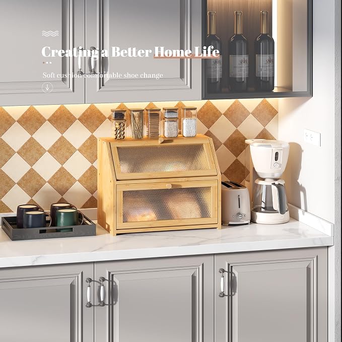 STDDRE Bread Box for Kitchen Countertop Bin Double Layer Bread Box Storage Container Extra Large Capacity Farmhouse with Diamond Pattern Windows (Natural, Large) - Image 6