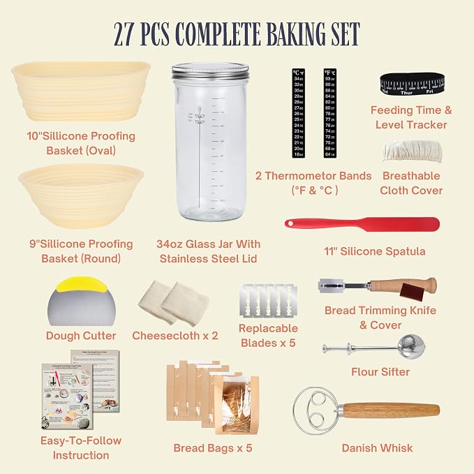 JoeCo Sourdough Starter Kit, Complete Starter-To-Loaf Set with Instructions, Sourdough Starter Jar, Silicone Proofing Baskets, Danish Dough Whisk, Dough Scraper, Bread Lame & Sourdough Baking Supplies - Image 3