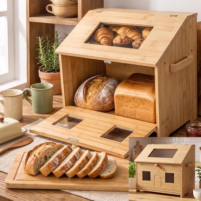 Large Bread Box for Homemade Bread: 9.1" Deep 2-Tier Fits 95% of Artisan | Countertop Storage Fit 2 Big Loaves & Multiple Pastries - Farmhouse Bamboo Contaniner with Cutting Board & Knife Holder by Beleeb