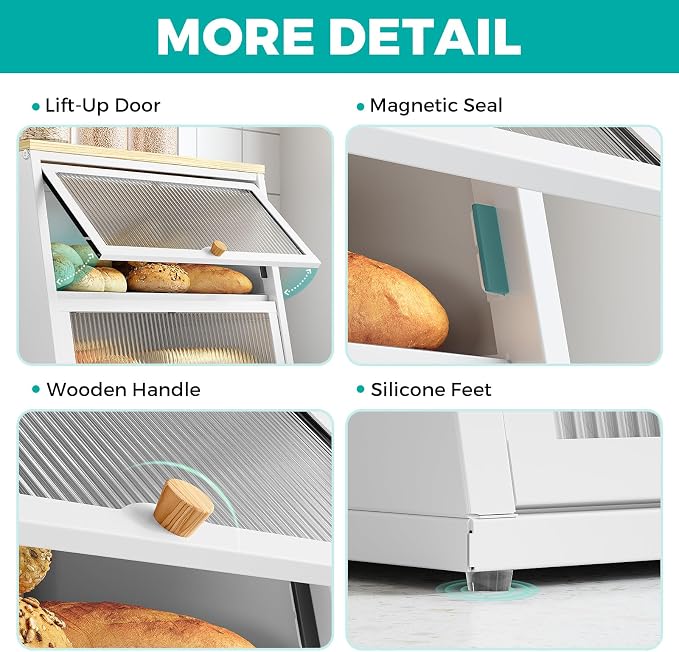 Urackify Bread Box for Kitchen Countertop – 2-Tier Bread Storage Container, Metal Breadbox with Acrylic Wavy Door, Wood Top, Magnetic Seal, Anti-Slip Base, 14.96x9.84x13.78 inch, White - Image 3